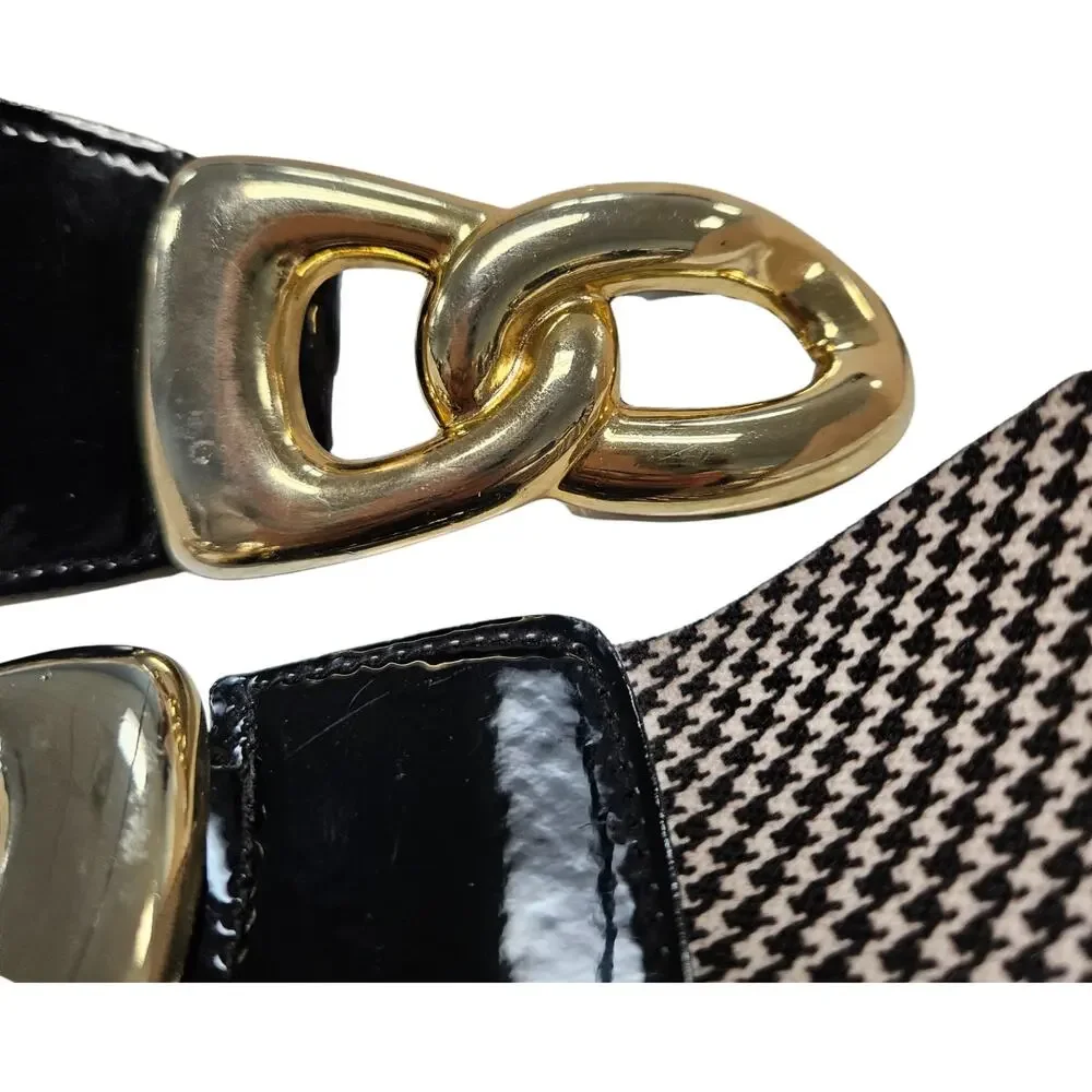 1980s Houndstooth Elastic High Waisted Belt Gold Chunky Buckle Patent Leather Sm